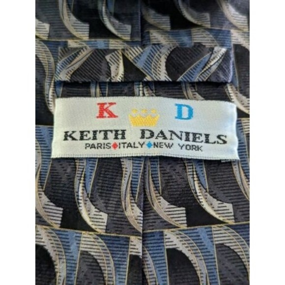 Keith Daniels Blue Silver Geometric Slope Print Silk Neck Tie Handmade 57" - Picture 2 of 6